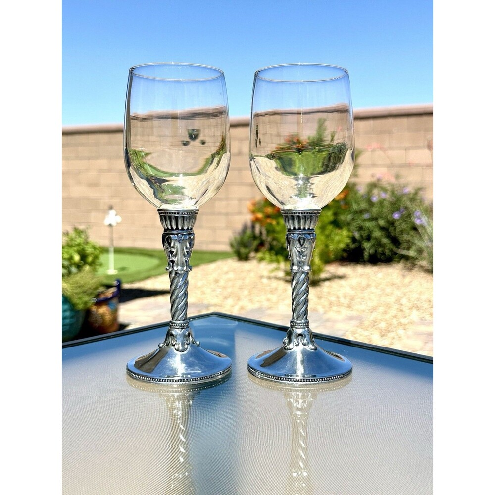 Set Of 2 Brighton 8" Celebration Wine Goblet Glasses with Ornate Pewter Stems